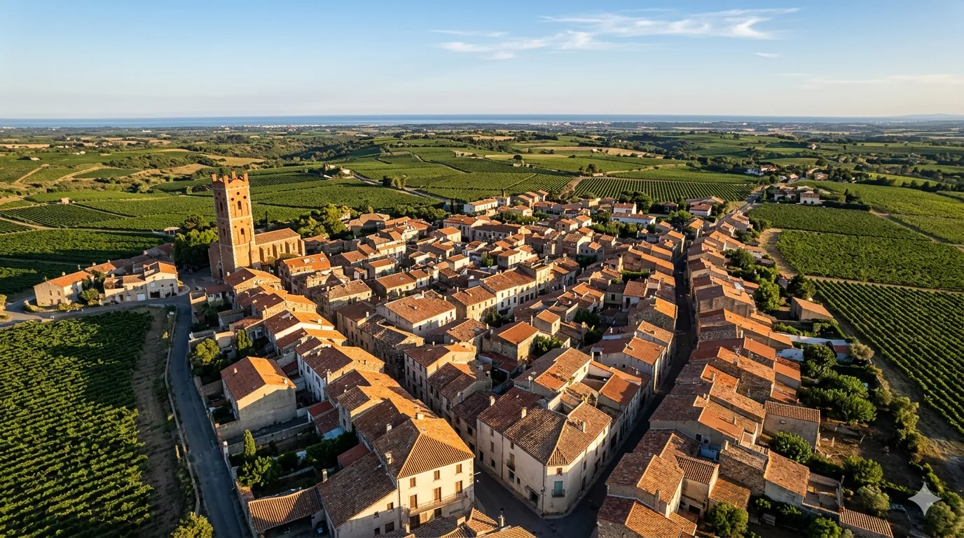 Vue aérienne d'un village des Pyrénées-Orientales entouré de vignobles