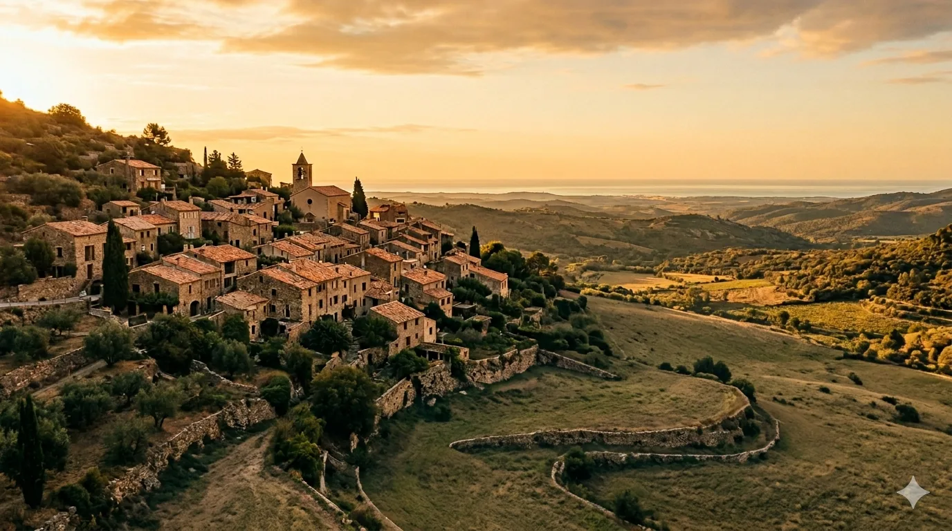 Village perché des Pyrénées-Orientales au coucher du soleil
